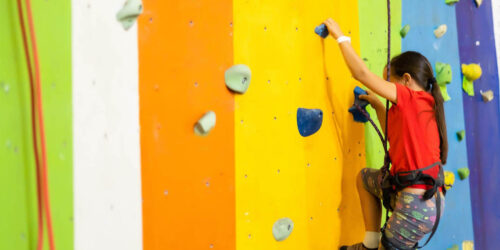 Little Girl Climbing on the Climbing Wall